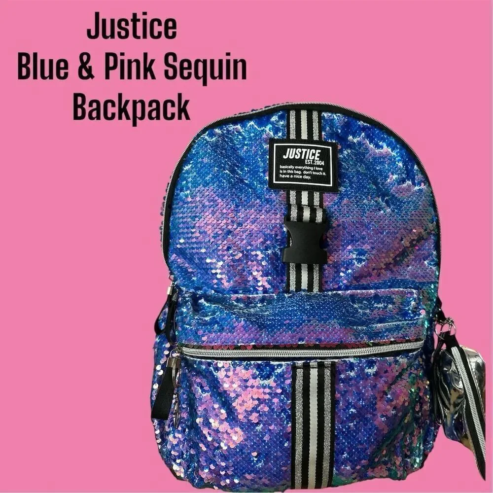 Justice Girls Large Pink Blue Sequin Backpack Multicolor Front Zipper Pocket
